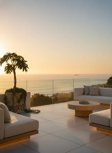 Luxury California property terrace with ocean view