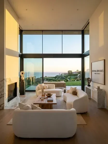 Luxury California estate interior with panoramic views