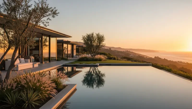 Luxury California villa exterior at golden hour with pool and panoramic views