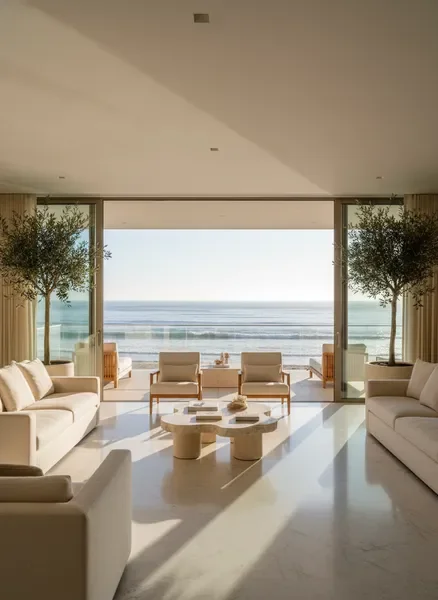 Polished luxury interior with coastal balcony view — Sienna Rhodes Real Estate